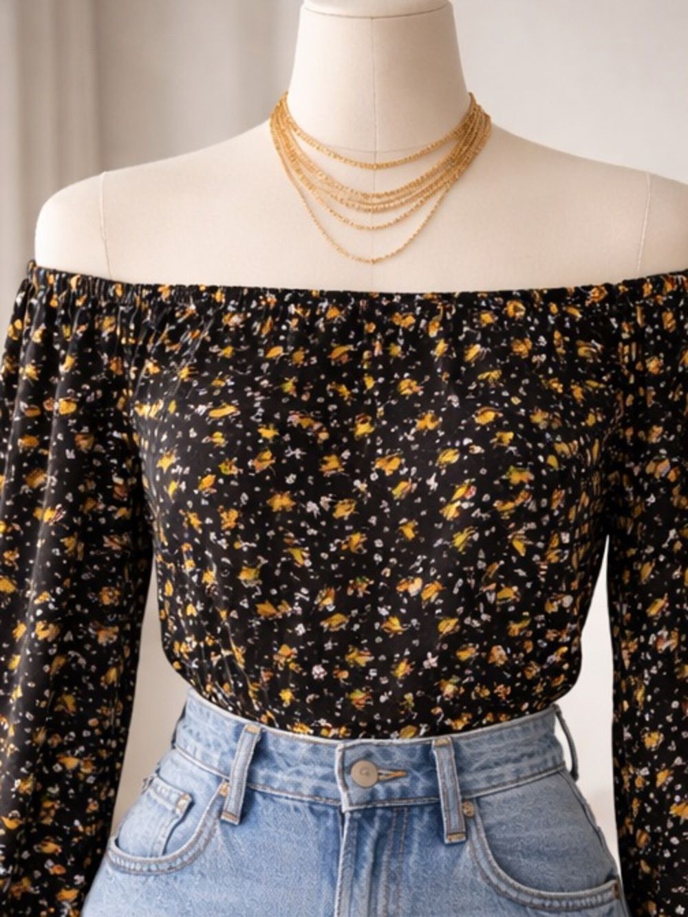 Madewell XXS Black & Gold Floral Off-the-Shoulder Long Sleeve Top